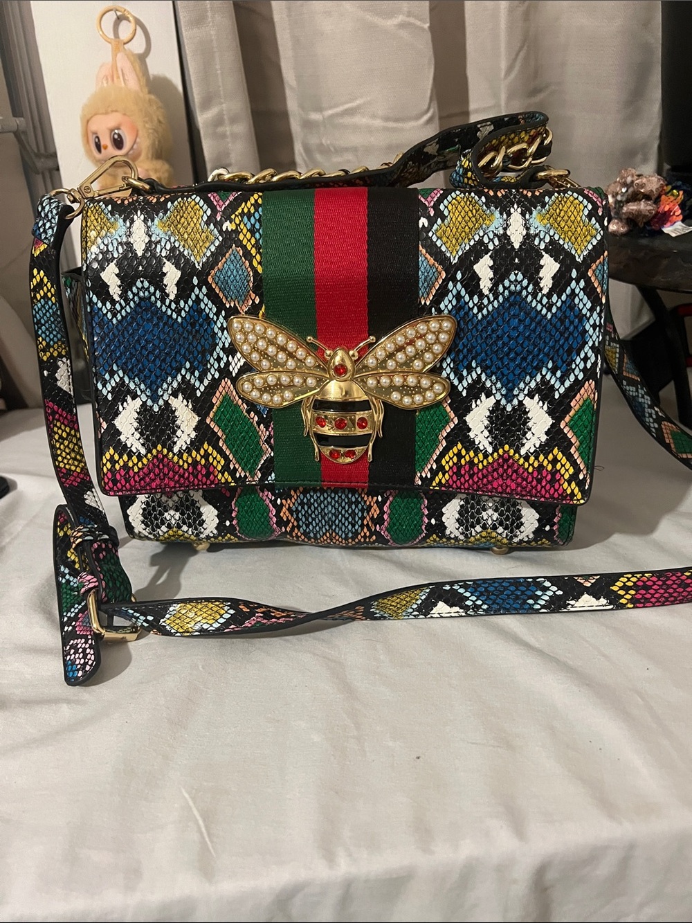 Multicolor Bee-Embellished Snake-Print Crossbody Bag